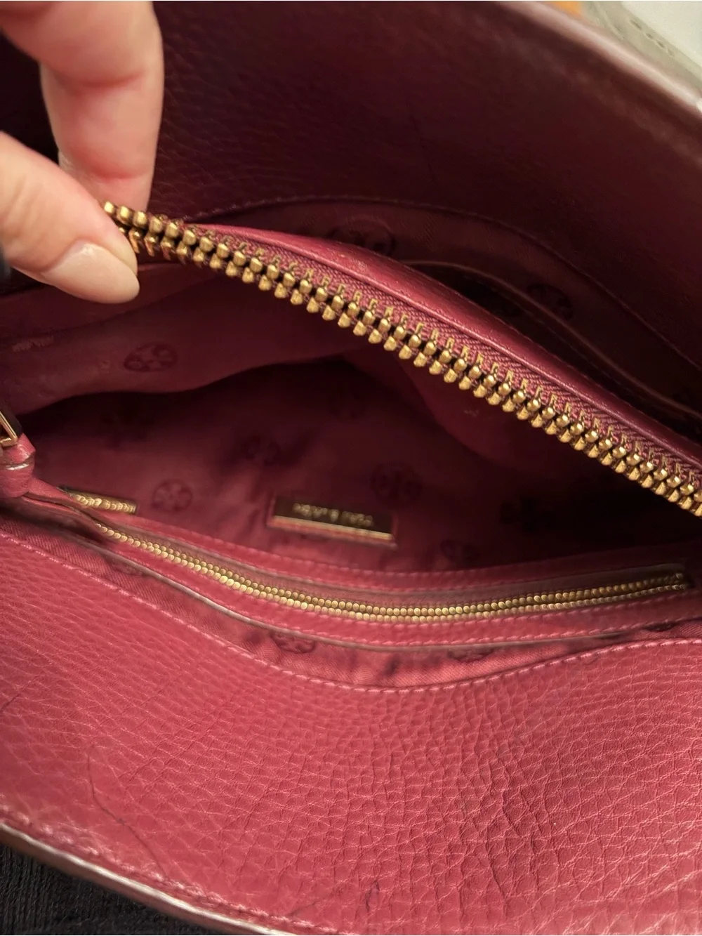 Tory Burch Deep Burgundy Pebbled Leather Satchel with Gold Hardware